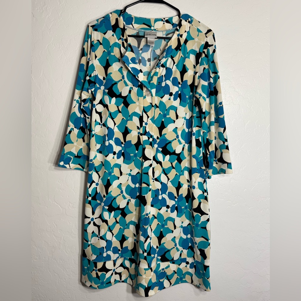 Chico’s floral geometric stretch tunic dress size 1 (M) blue teal beige